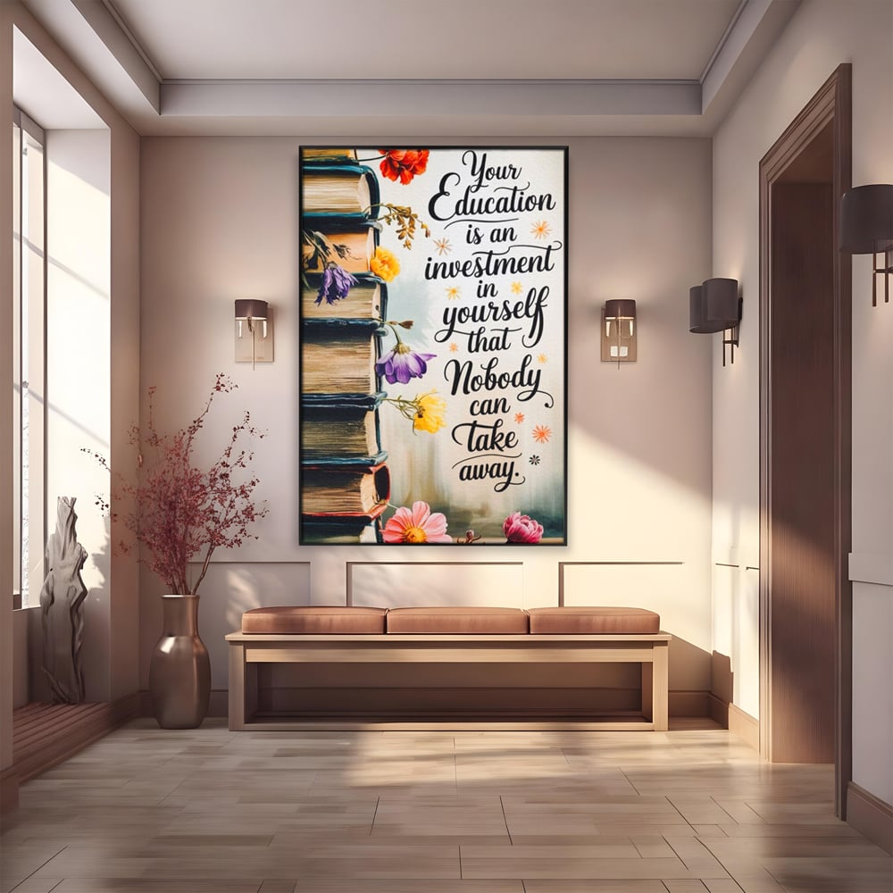 Tablou canvas cu tablou motivational cu teanc de carti si flori, in rama de aluminiu negru